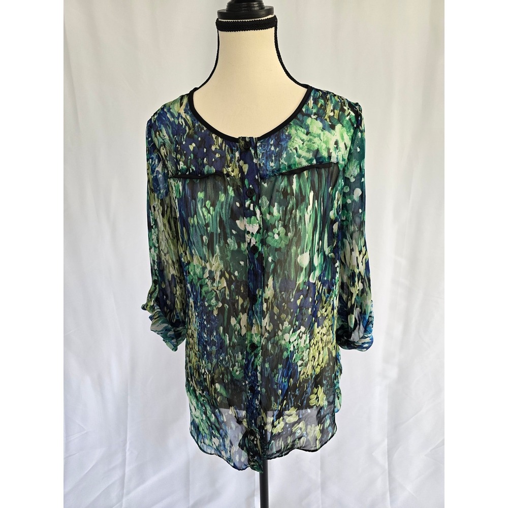 Cato Blue Green Floral‎ Print 3/4 Sleeve Button Tab Blouse Top - Small